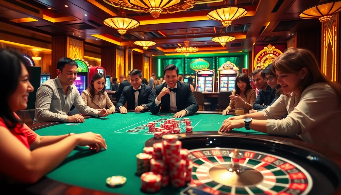 Players enjoying a thrilling game scene at https://win79sr.com/ with poker chips and roulette wheels.