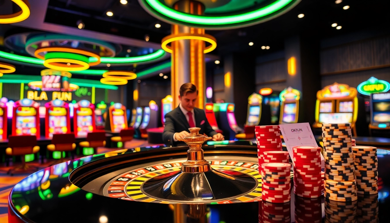 Experience the thrill of victory at OKFUN with vibrant casino tables and lively gambling action.