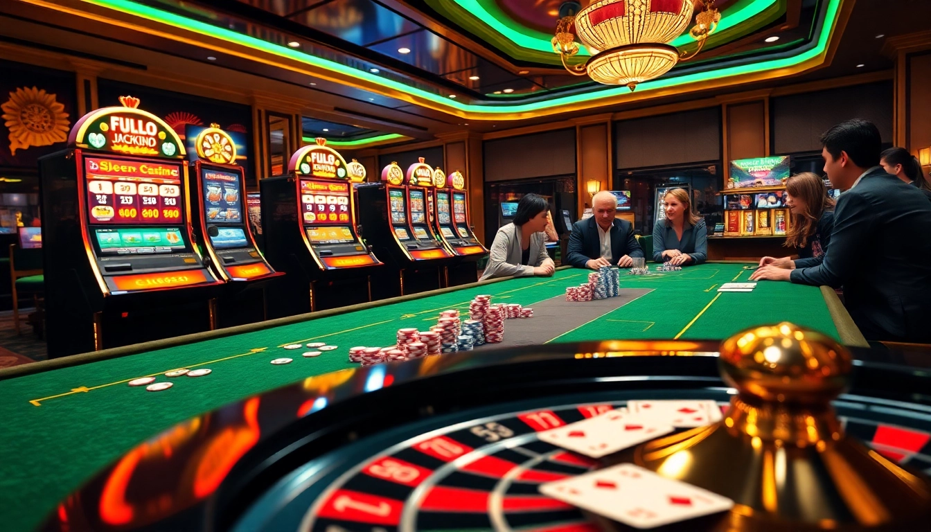 Engaged players enjoying nổ hũ online at modern slot machines inside a luxurious casino.