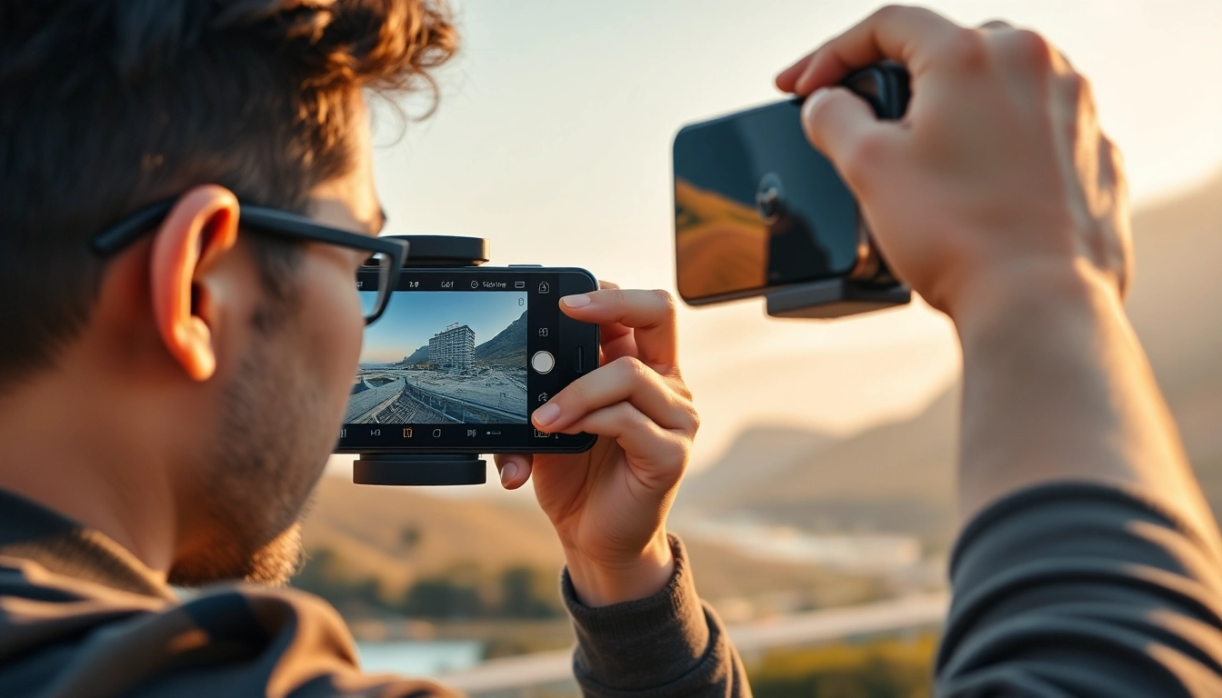 Professional photographer using a スマホジンバル for smooth video capture outdoors.