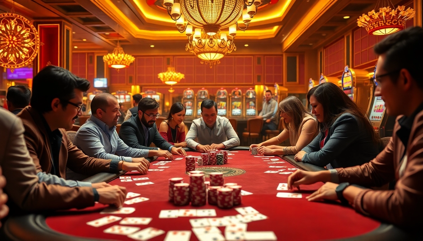 Players engaged in an exciting poker game at a luxurious casino table with 888b vibes.