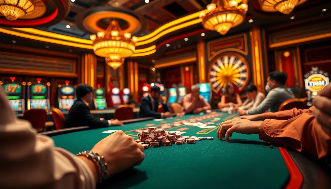 Exciting poker game at tv88 casino table with vibrant chips and roulette wheel.