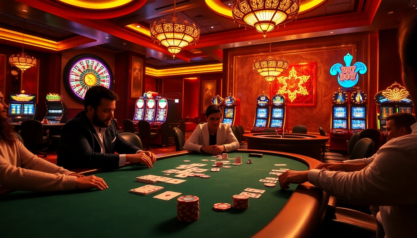 A thrilling poker game scene at https://vsbet3.net/, showcasing players, cards, and chips, embodying the excitement of gambling.