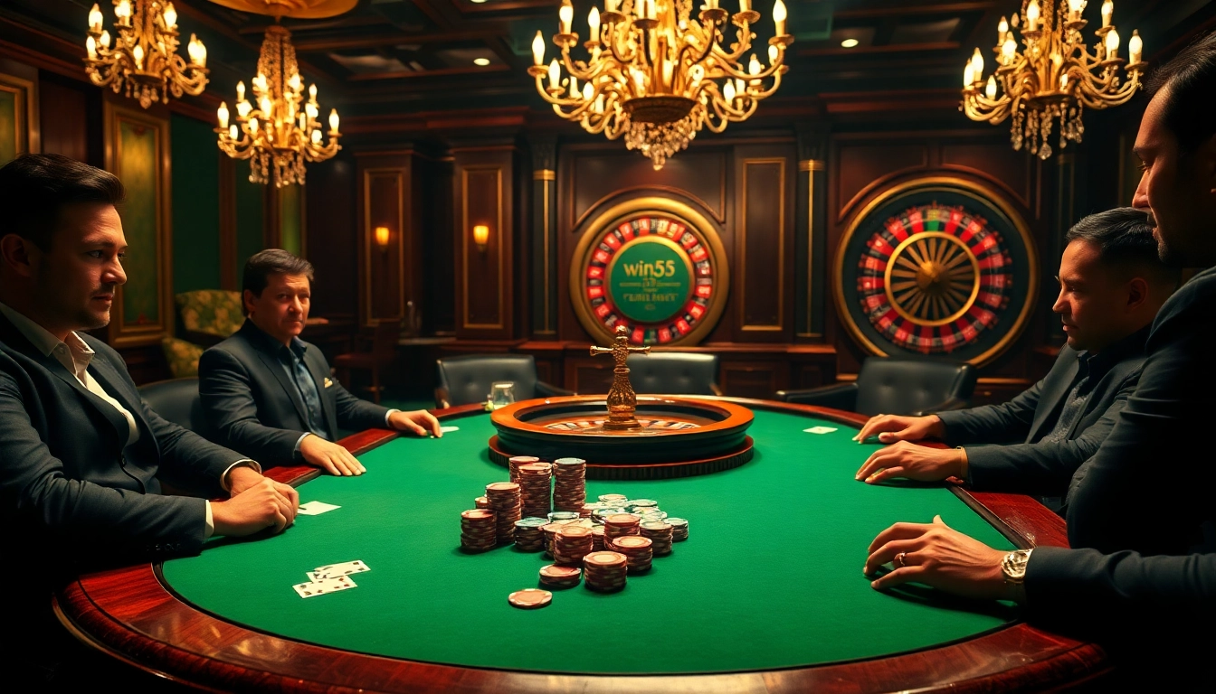 Players engage intensely at a win55-themed poker table, showcasing vibrant chips and excitement.