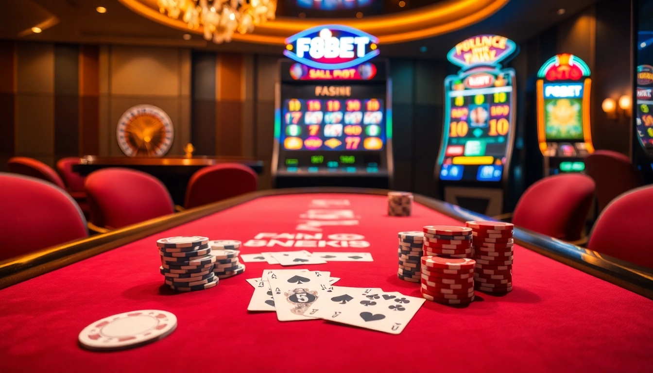 Experience the thrill of F8BET at a luxury poker table with vibrant casino elements.