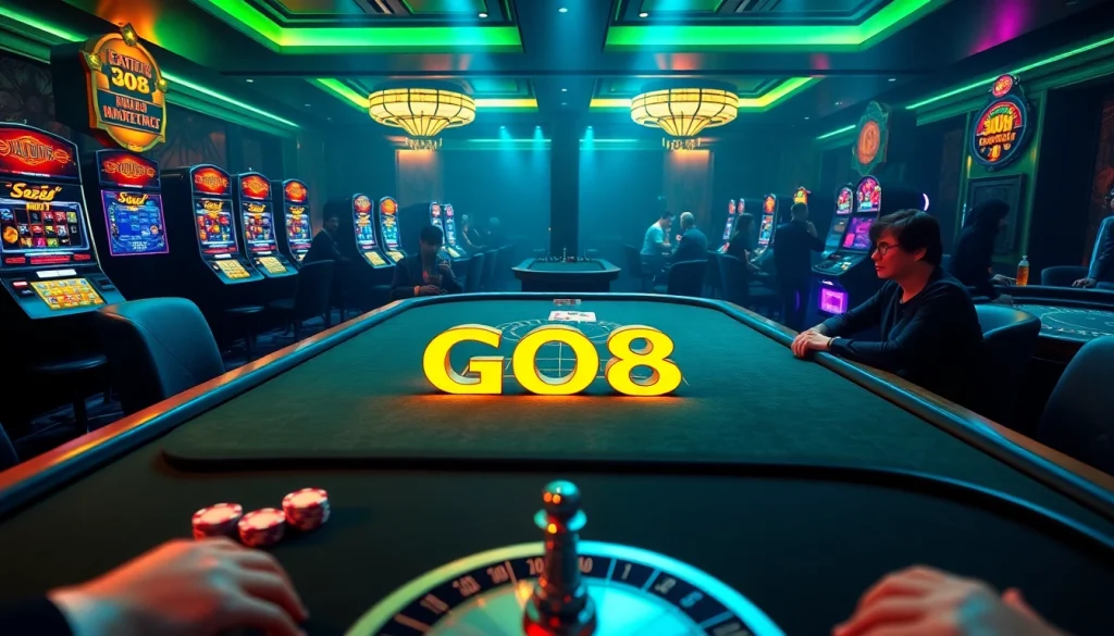 Engaged players at a luxurious GO8 casino table, surrounded by vibrant poker chips and slot machines.