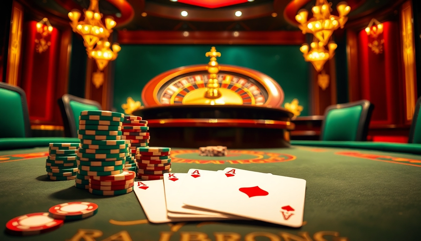 Experience the thrill of RAJABARONG with a vibrant casino atmosphere showcasing poker chips and winning cards.