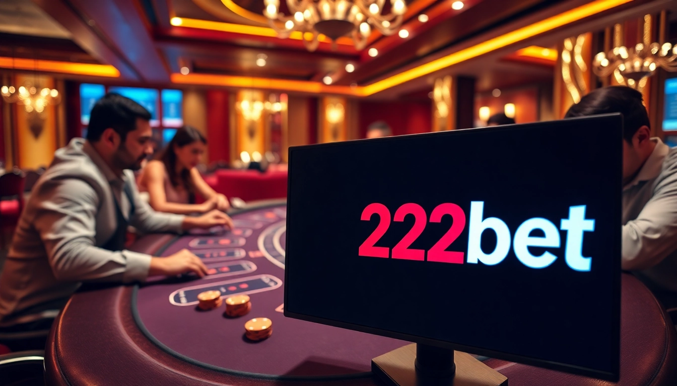 Players engaging at the poker table with 22bet branding, showcasing excitement in gambling.