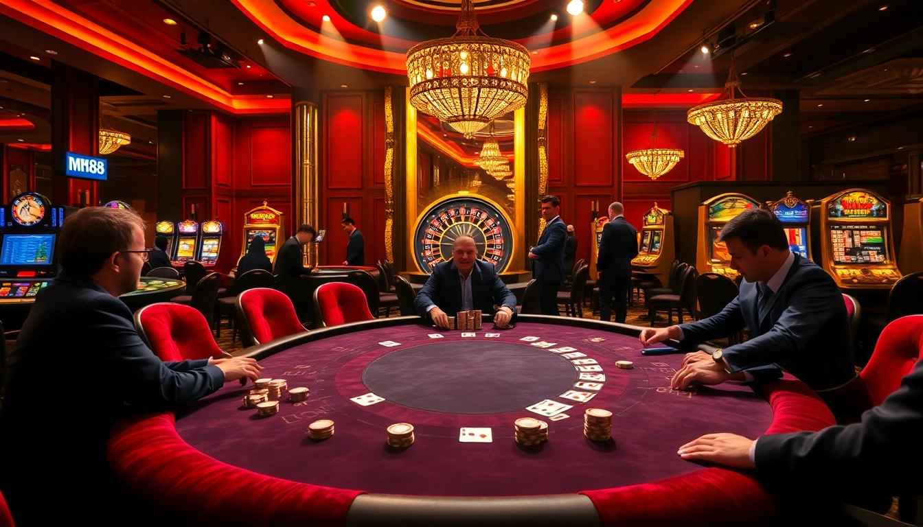 Experience MM88's thrilling poker action at a luxury casino table with vibrant colors and high-stakes excitement.