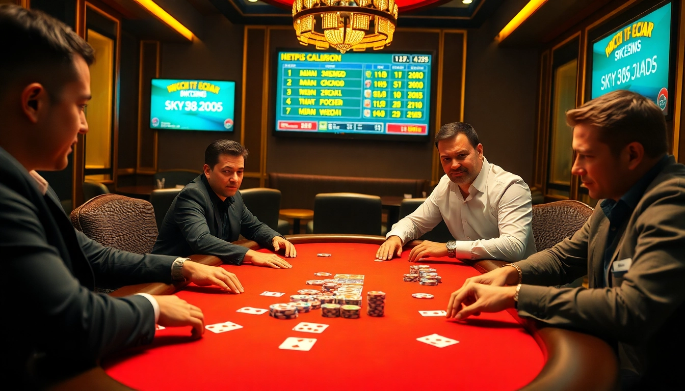Engaging poker players immersed in a thrilling game at https://sky88sk.com/ with vibrant chips and cards.