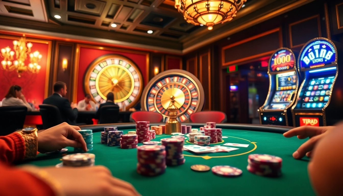 Players engage in high-stakes poker at https://dn88top.com/, with vibrant casino ambience and lively action.
