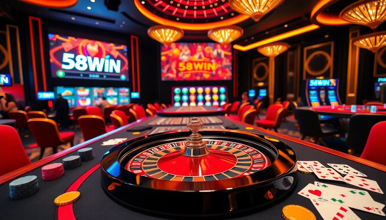Players enjoying thrilling games at 58WIN casino, surrounded by colorful chips and online interfaces.
