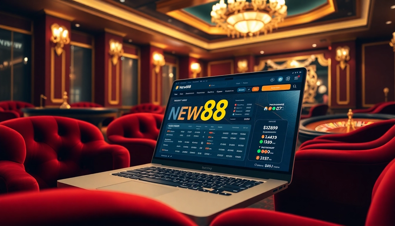 Experience online betting at new88 with an elegant casino backdrop featuring roulette wheels and poker chips.