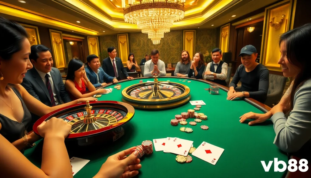 Experience the thrill of winning at Vb88 with vibrant casino tables filled with excited players.