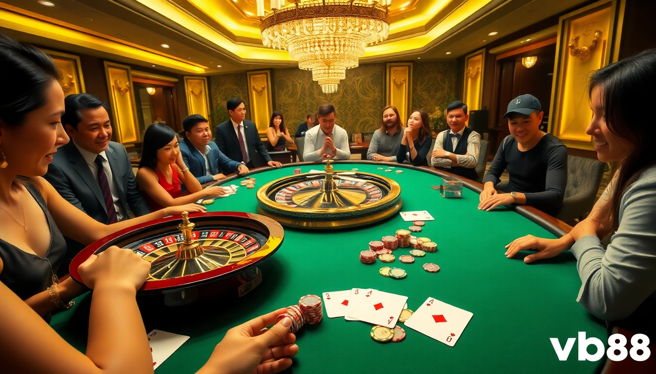 Experience the thrill of winning at Vb88 with vibrant casino tables filled with excited players.
