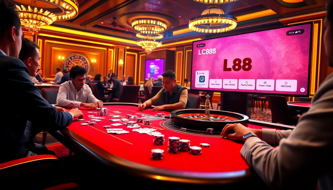 Players enjoying a thrilling poker game at Lc88 casino tables.