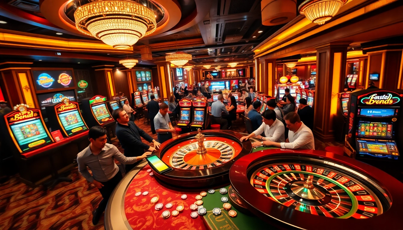 Engaged players at a luxurious casino gaming table enjoying the excitement of 여기여 amidst roulette wheels and slot machines.