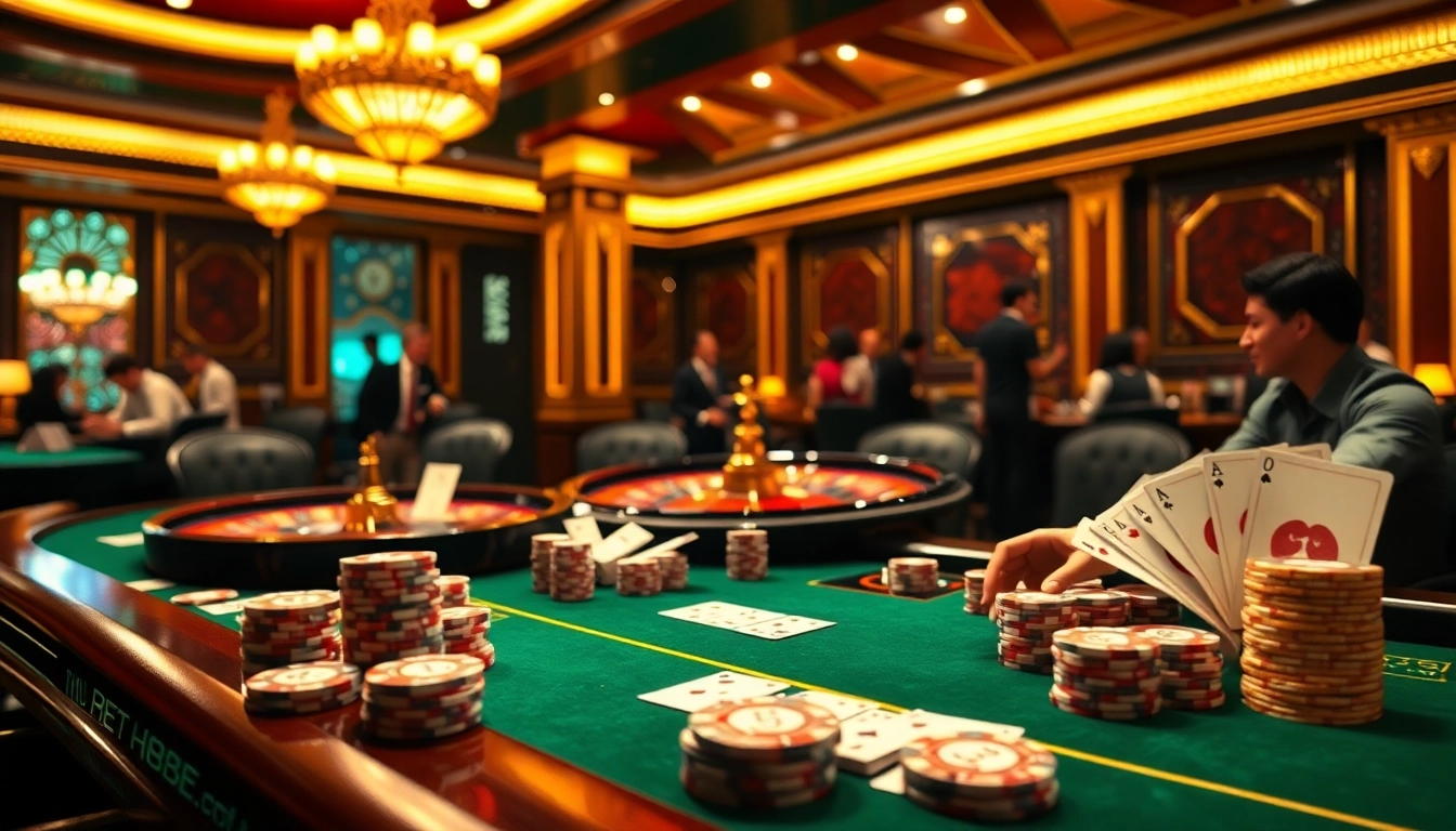 Experience the excitement of gambling at https://bet88b.us.com/ with a luxurious casino scene featuring a poker setup and roulette.