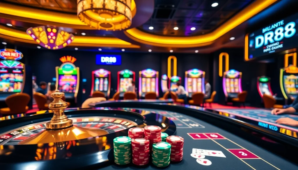 Experience high-stakes gaming at DR88's vibrant casino with dynamic poker action and roulette thrills.