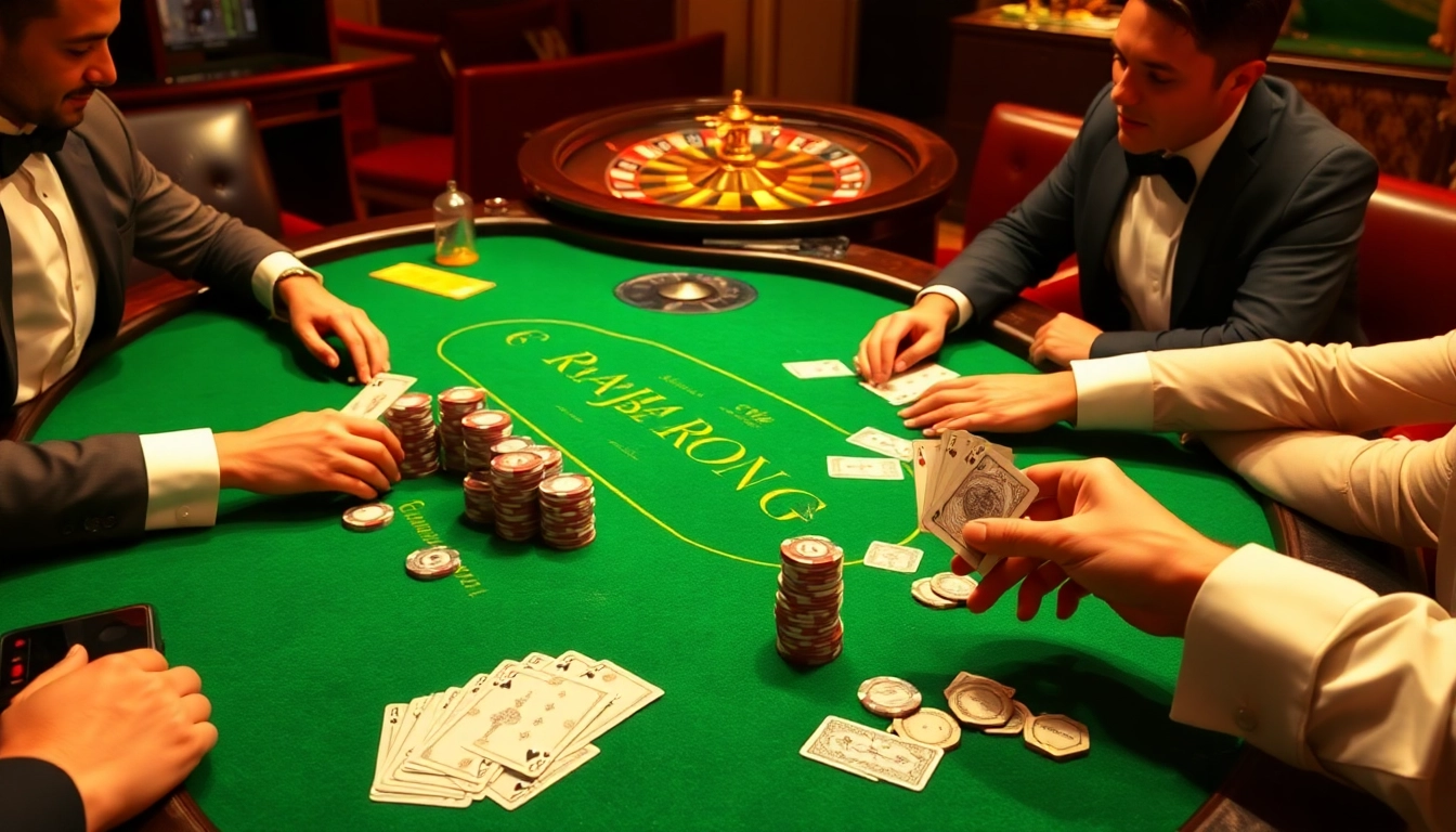 Intense poker game atmosphere with RAJABARONG branding, luxurious casino setup, players engaged.