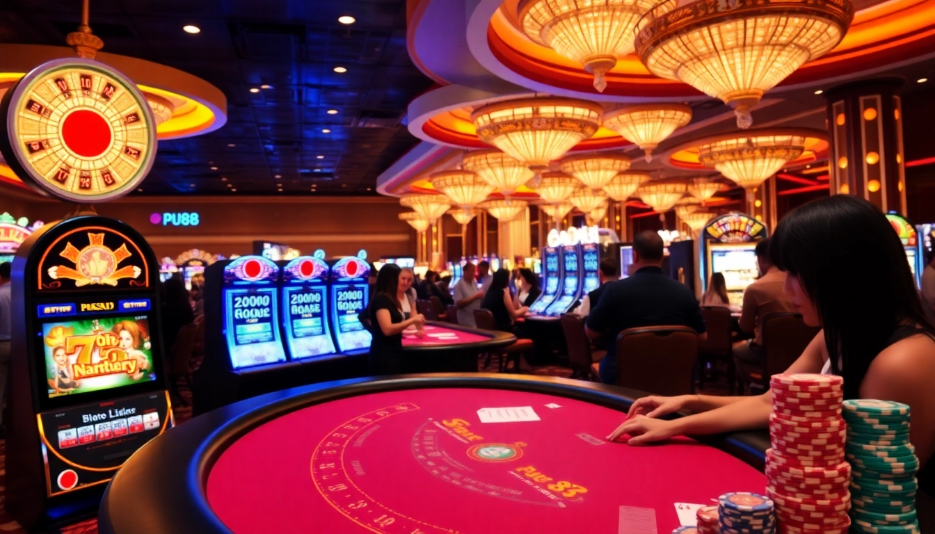 Players enjoying a thrilling poker game at PU88 casino with vibrant slot machines nearby.