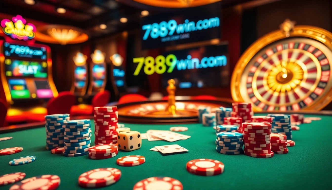 Experience thrilling gameplay at 789win com with vibrant casino elements like poker chips and roulette tables.