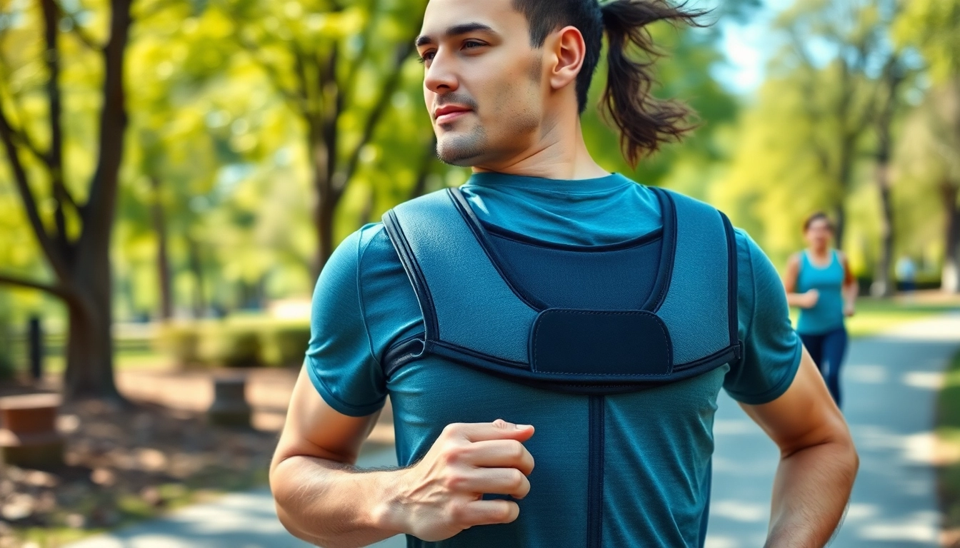 The best double shoulder support brace worn by an athlete during outdoor activities in a vibrant park setting.