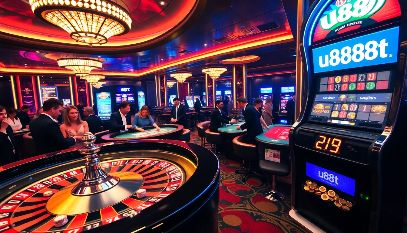 Players enjoying thrilling games at u888bet casino with vibrant roulette and blackjack tables.