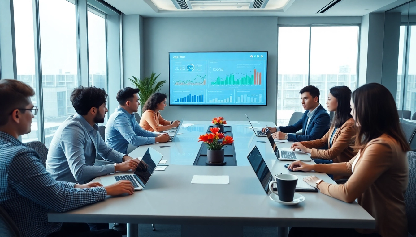 Dynamic business professionals collaborating using Logo Tiger ERP solutions in a modern office setting.