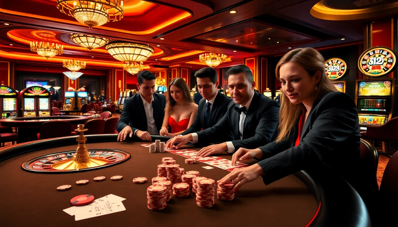 A thrilling game experience at https://vipwin79.org/ showcasing poker chips, cards, and roulette in an upscale casino setting.