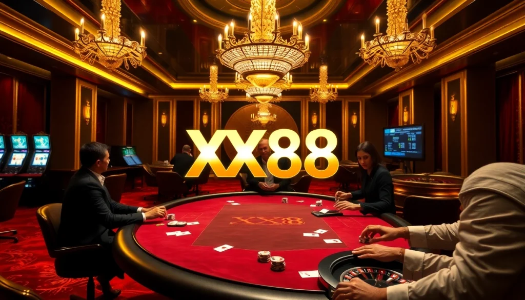 Players enjoy an exciting poker game at XX88, showcasing luxury casino elements.