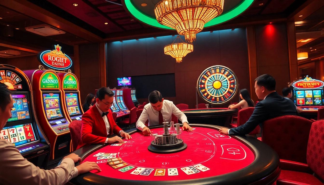 Ingatbola88 players enjoying exciting gaming experiences at luxurious casino tables and slot machines.