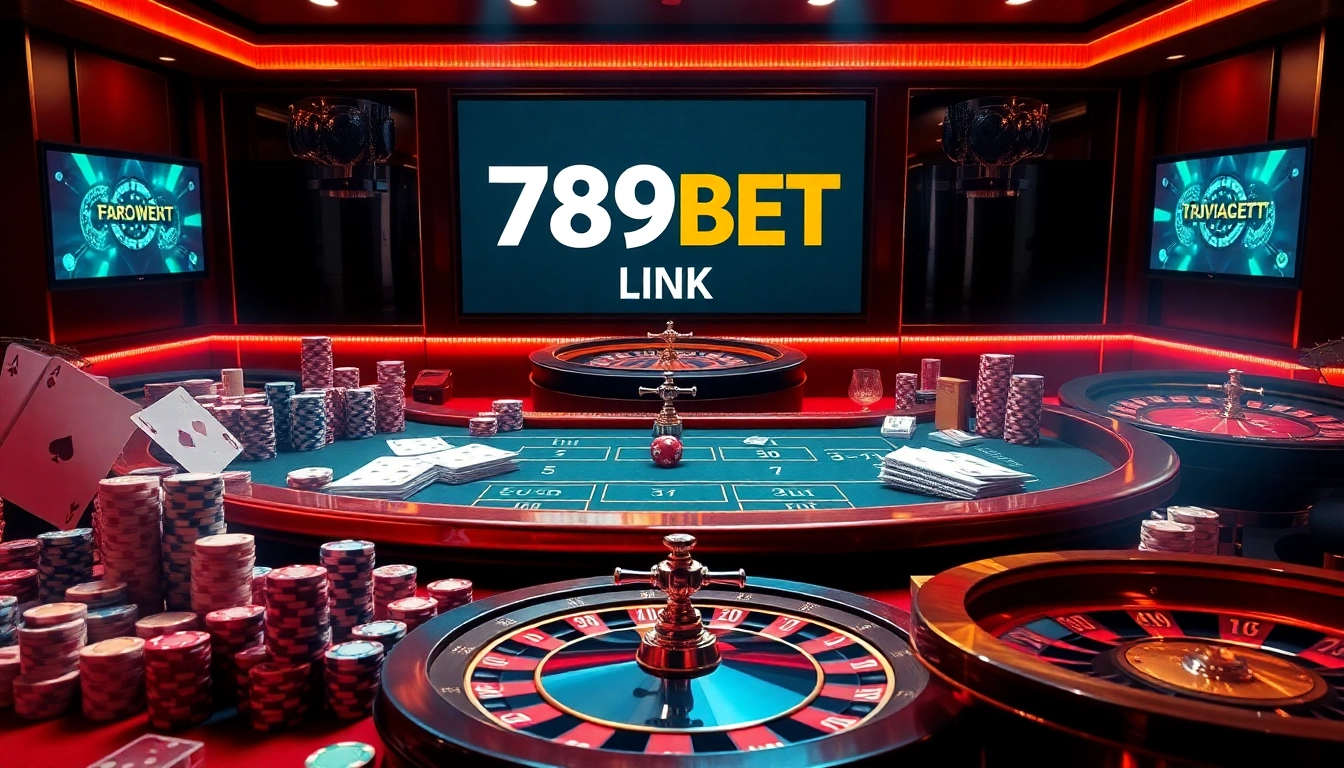 Exciting casino scene showcasing 789BET LINK with vivid gaming elements and luxury atmosphere.