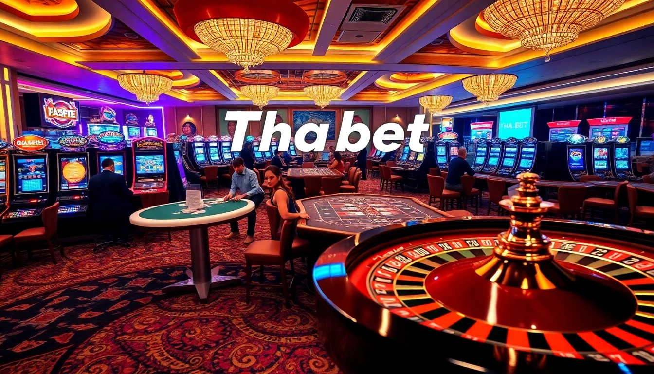 Players enjoying thrilling gaming experiences at Tha bet casino, with a vibrant poker table and colorful slot machines.