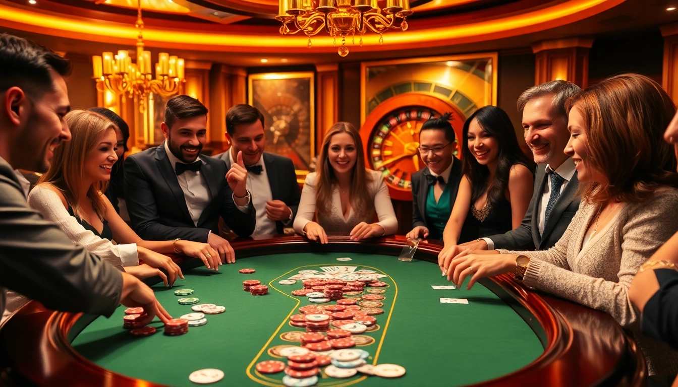 Players enjoying a thrilling poker game at the rikvip casino table, showcasing excitement and luxury.