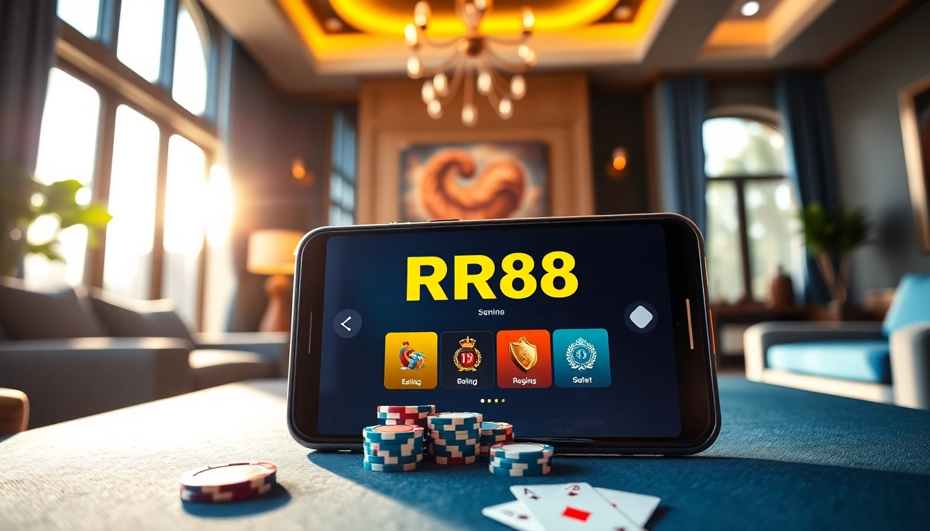 Engaging scene of RR88 gaming app on smartphone in a stylish room, showcasing online gambling excitement.