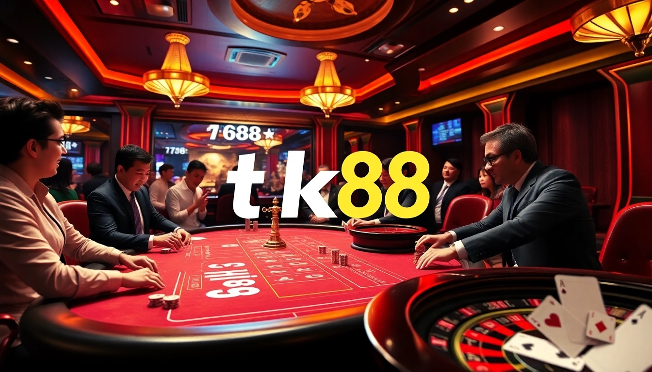 Exciting gaming action at a tk88 casino table with vibrant poker chips and cards.