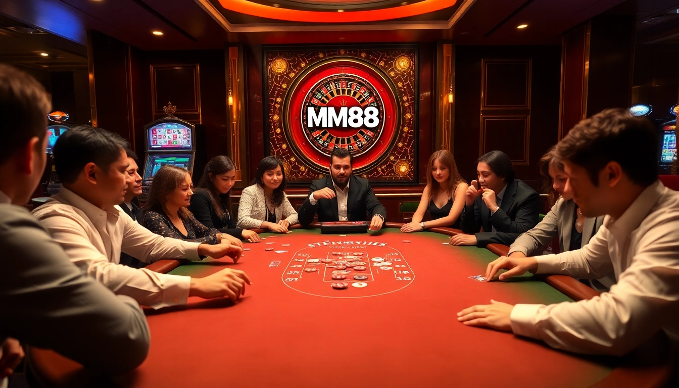 Intense poker action with MM88 chips and cards on a vibrant casino table.