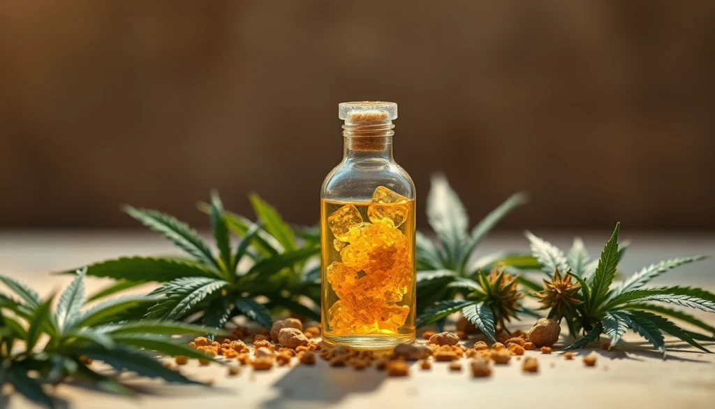 Discover the exquisite moonbarguy thcp product showcasing elegant resin in a glass bottle, surrounded by lush herbs.