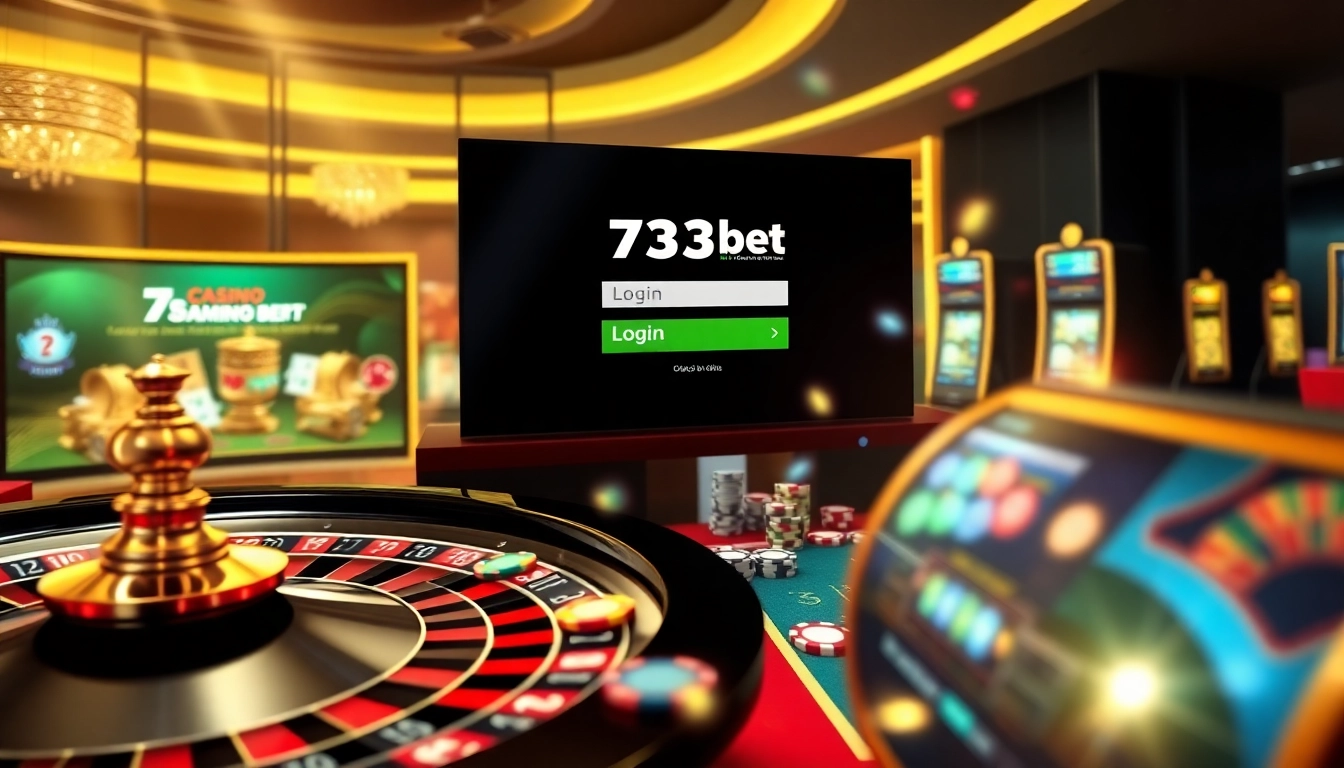 Engage with the 733bet Login interface while enjoying luxury casino elements like roulette and poker chips.
