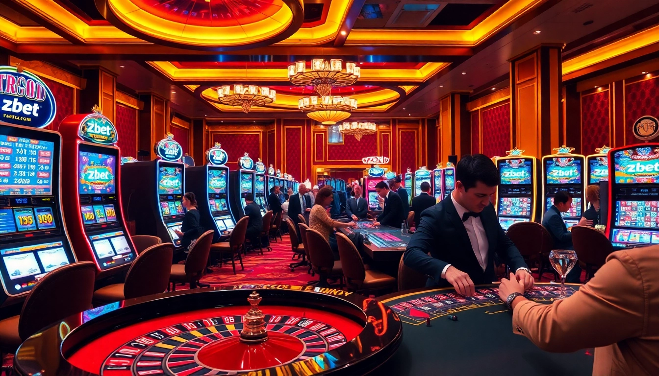 Exciting slot machine action at zbet com, showcasing vibrant lighting and engaged players.