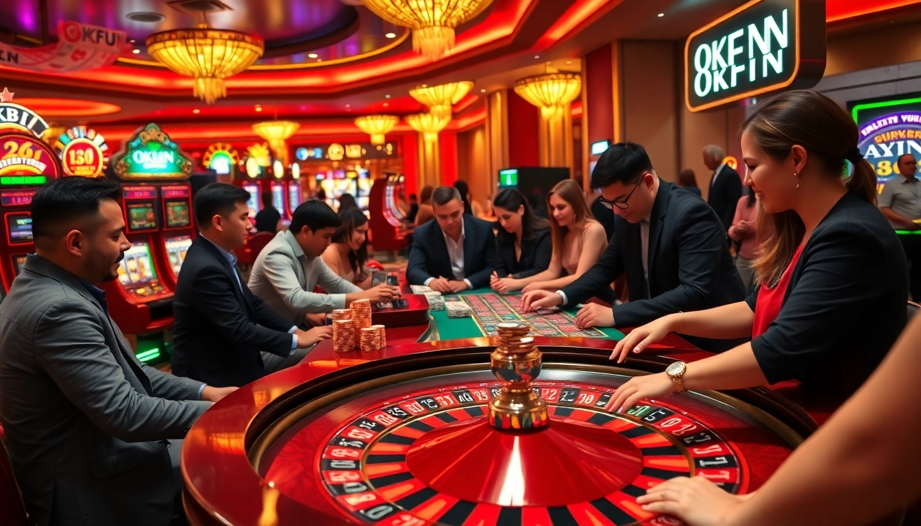 Players enjoying a thrilling experience at OKFUN casino, engaging at roulette and slot machines.