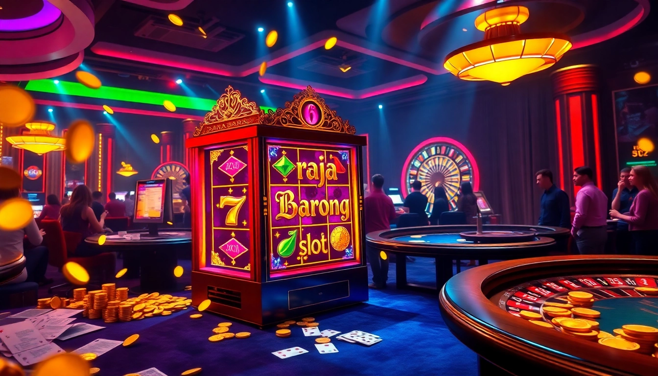 Players enjoying the raja barong slot machine in a glamorous casino atmosphere filled with excitement.