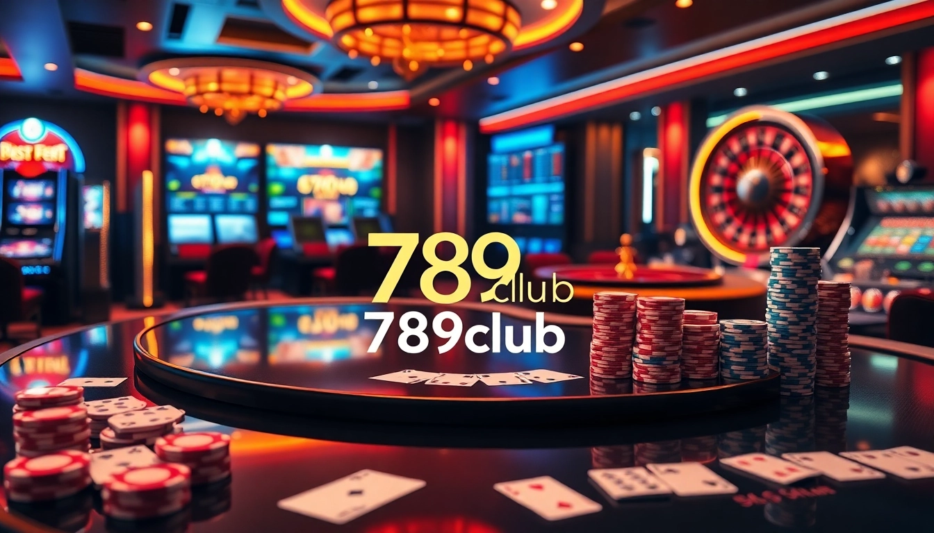 A dynamic casino table setting featuring 789club with poker chips and slot machines amid an exciting atmosphere.