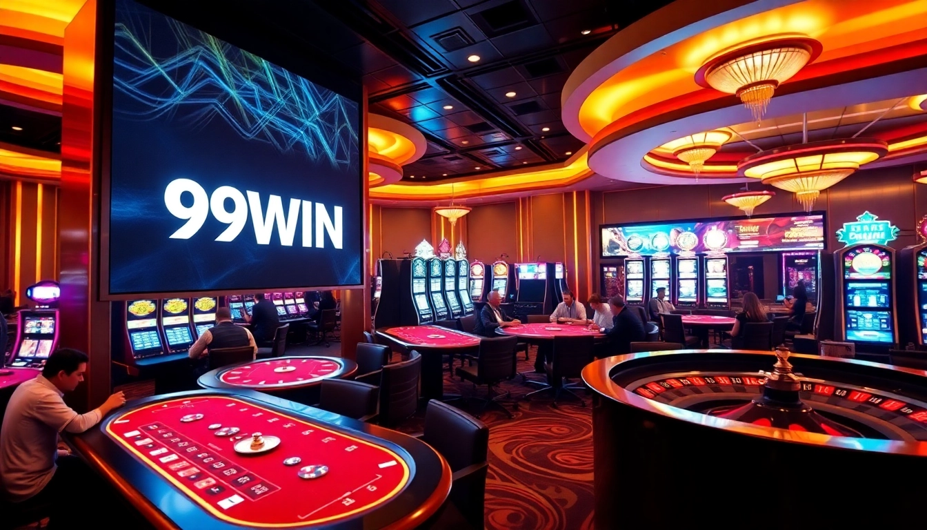 A lively casino scene featuring the 99WIN logo on a digital display, showcasing players at poker and blackjack tables.