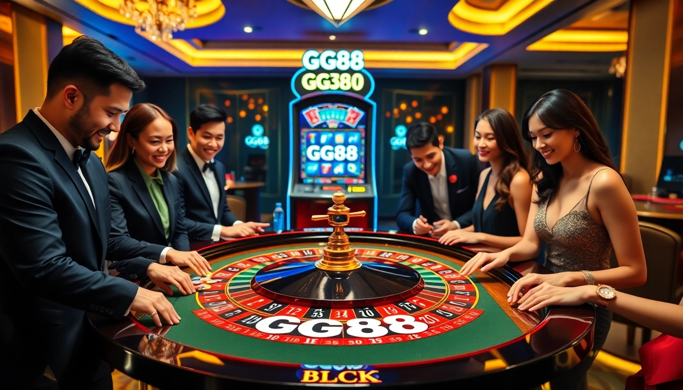 Excited players engaging at the GG88 roulette table in a lavish casino setting.