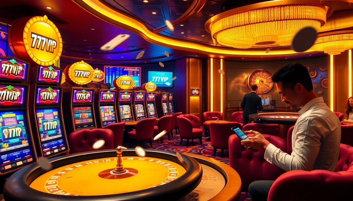 Experience the excitement of 777VIP gaming with luxurious slots and poker tables in a vibrant casino atmosphere.