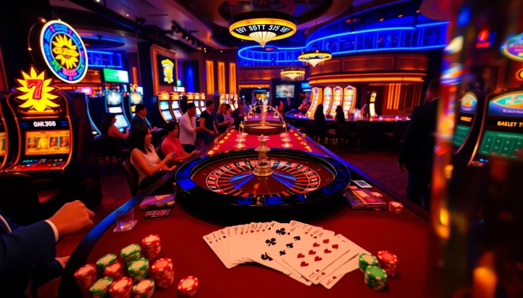 Experience the thrill of gaming at ok365 with a vibrant casino scene showcasing roulette and slot machines.