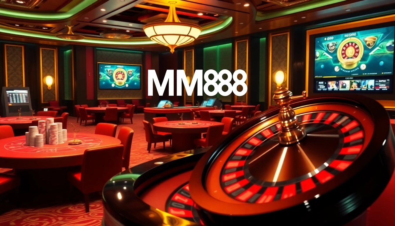 Experience the thrill of MM88 with luxurious casino elements showcasing poker chips and roulette wheels.