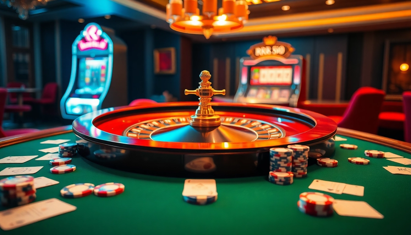 Experience thrilling gameplay at rr88 with a vibrant casino scene featuring a roulette table and poker elements.